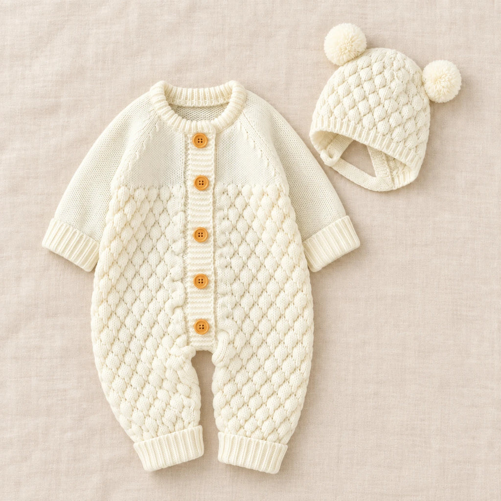 The Newborn Knit Wardrobe — Ivory · Romper & Hat — studio product photograph