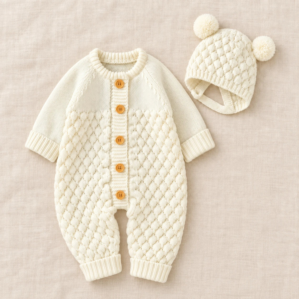 The Newborn Knit Wardrobe — Ivory · Romper & Hat — studio product photograph