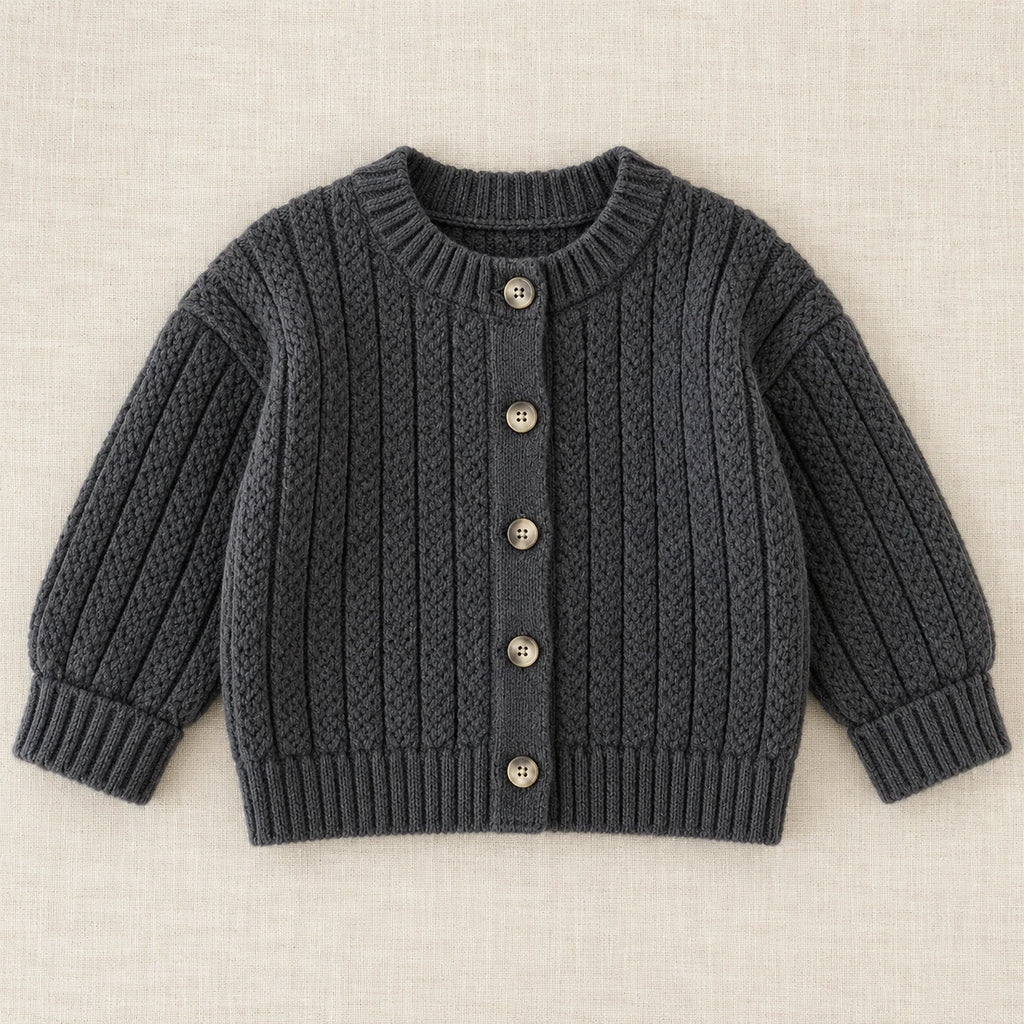 The Textured Button Knit Cardigan — Black — studio product photograph