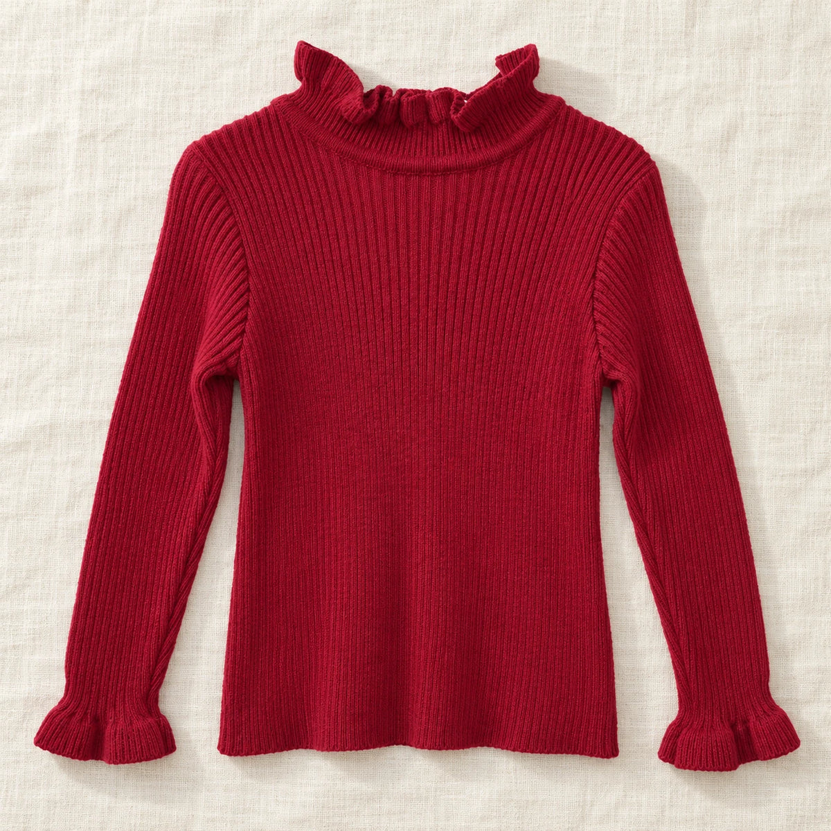 The Ruffle-Neck Rib Knit Sweater — Red — studio product photograph