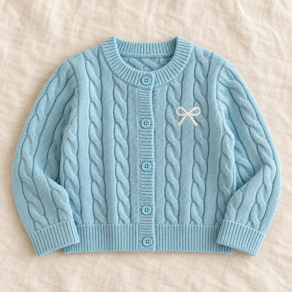 The Soft Cable Knit Cardigan — Blue — studio product photograph