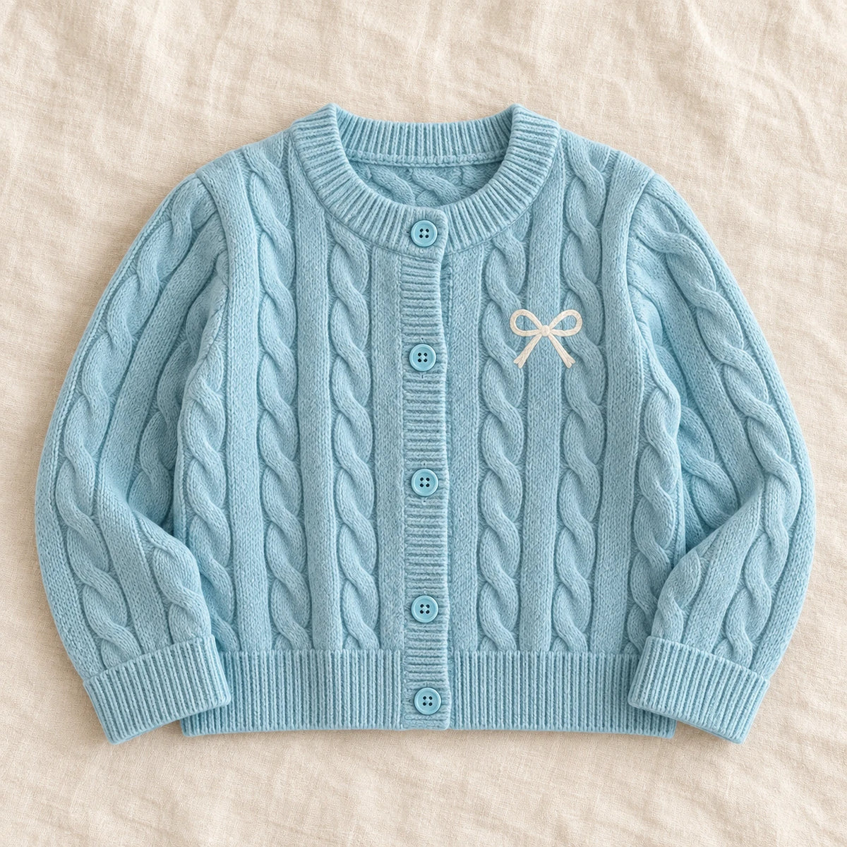 The Soft Cable Knit Cardigan — Blue — studio product photograph