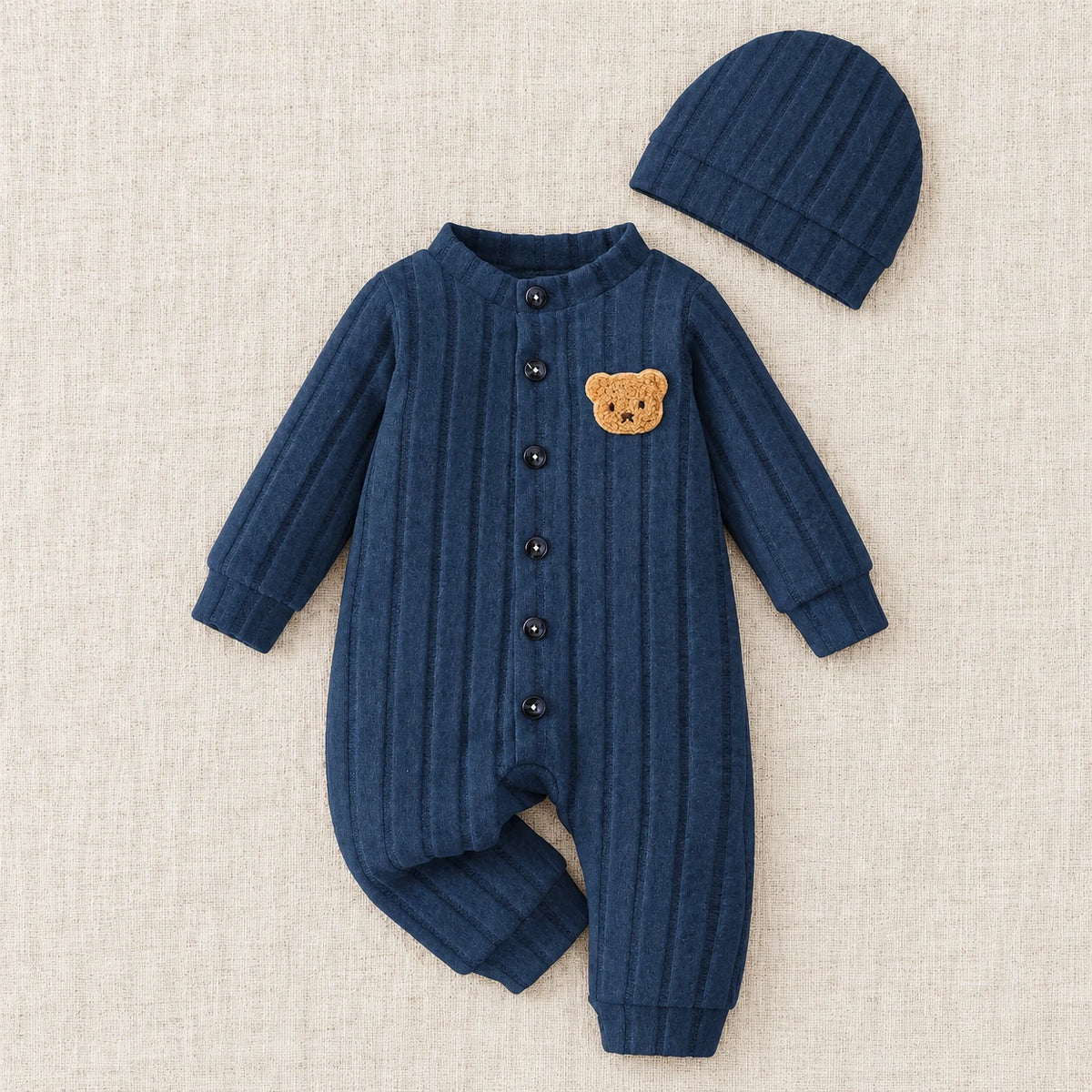The Red Bear Romper & Hat Set — Blue — studio product photograph