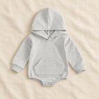 The Pocket Hooded Baby Romper — Gray — studio product photograph
