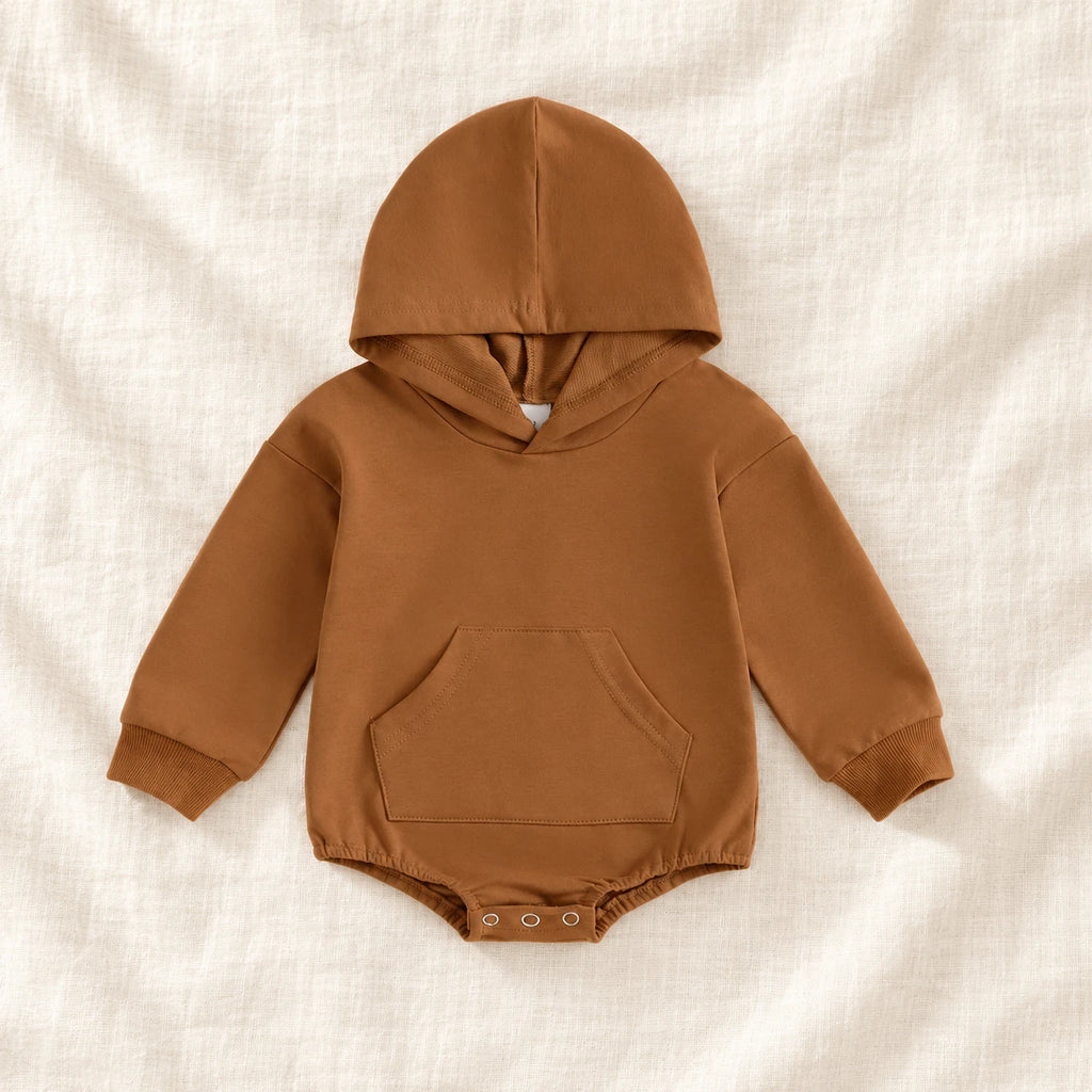The Pocket Hooded Baby Romper — Brown — studio product photograph