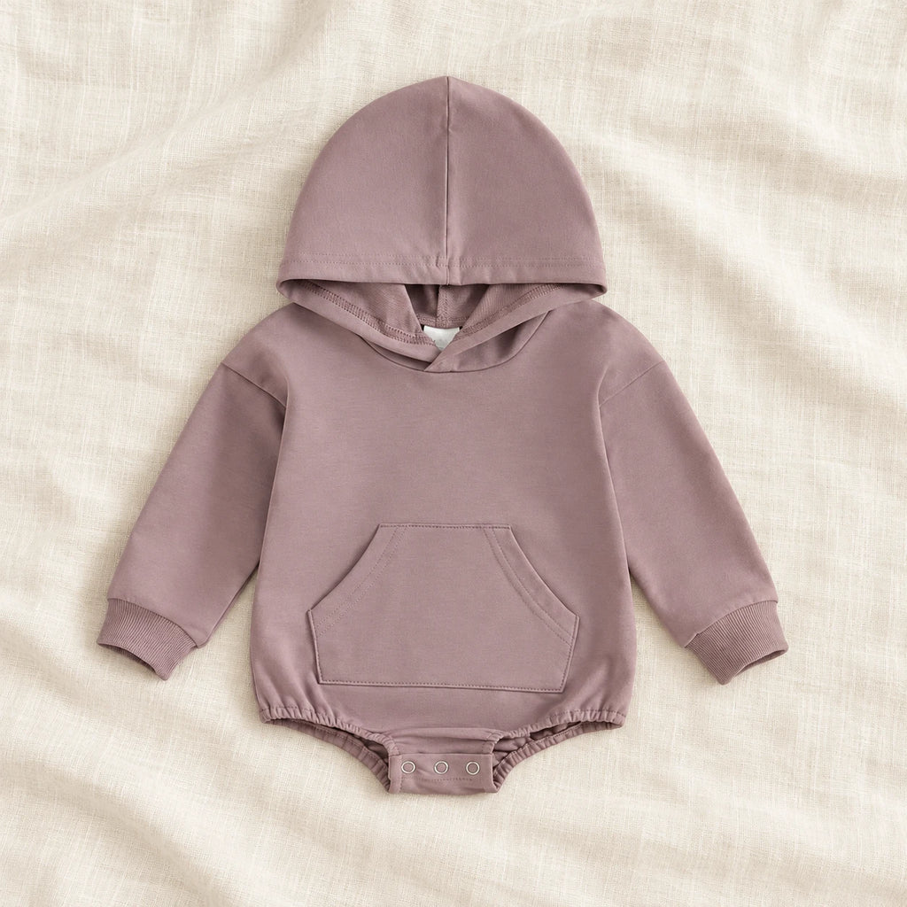 The Pocket Hooded Baby Romper — Purple — studio product photograph