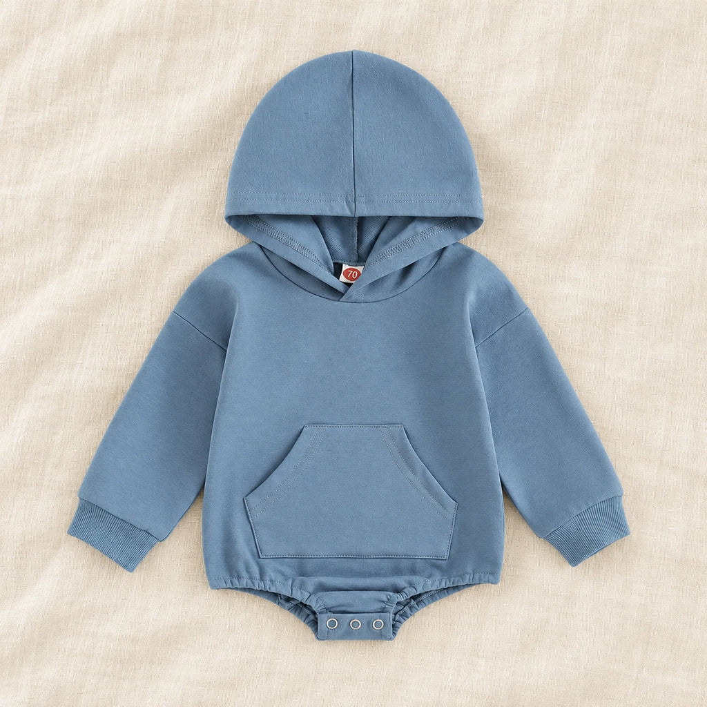 The Pocket Hooded Baby Romper — Blue — studio product photograph
