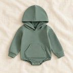The Pocket Hooded Baby Romper — Green — studio product photograph