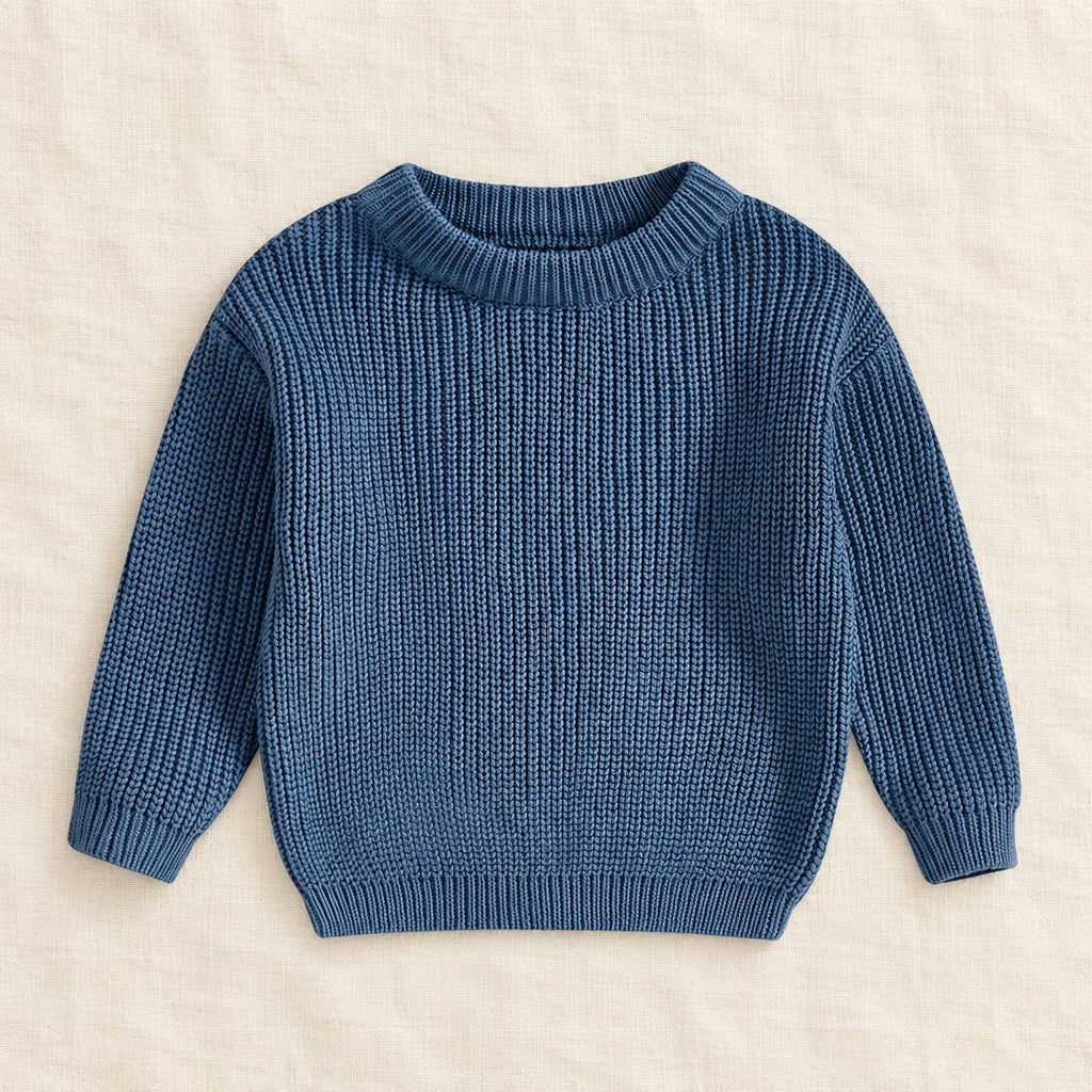 The Everyday Ribbed Knit Pullover — Denim Blue — studio product photograph