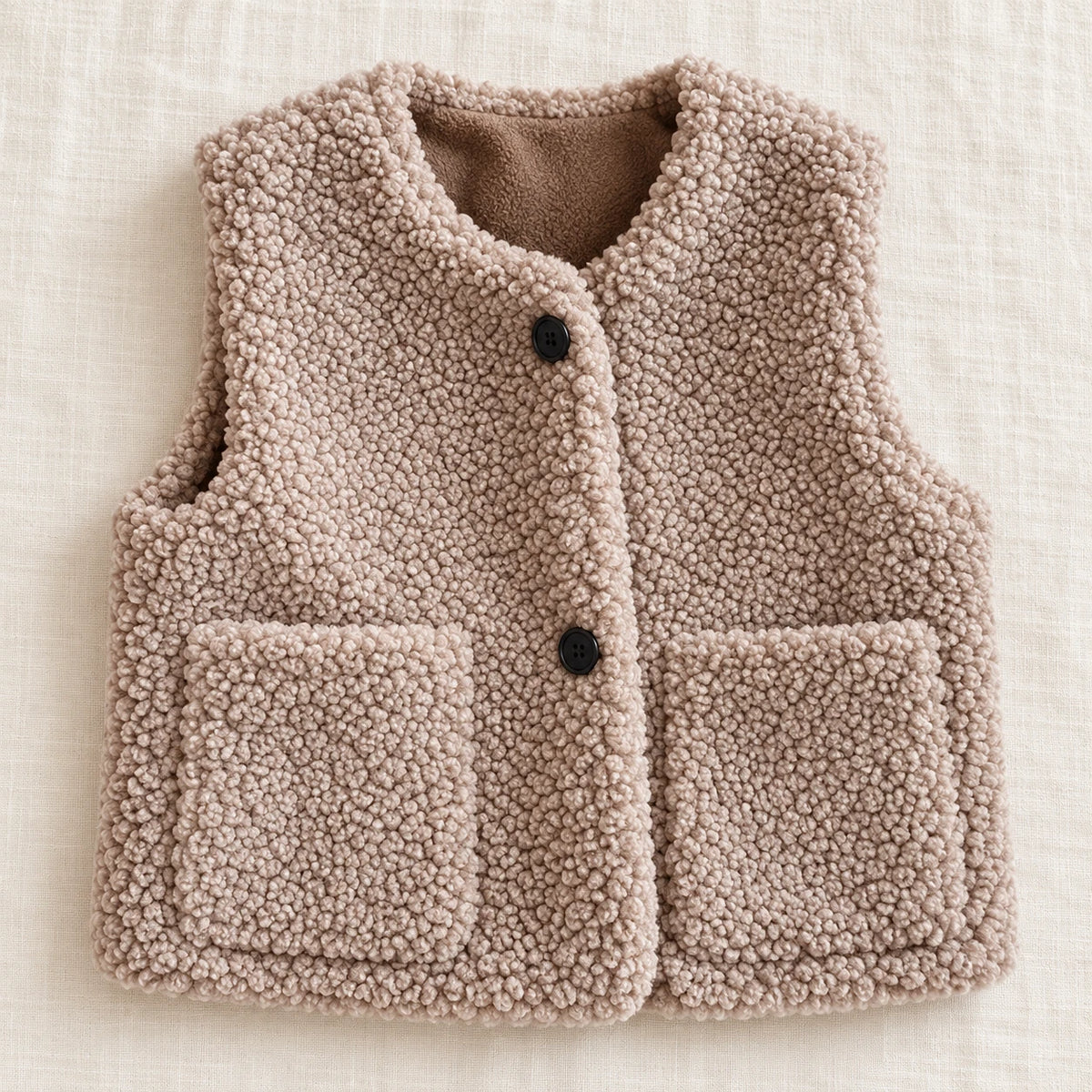 The Teddy Button Vest — Taupe — studio product photograph