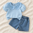 The Ruffle-Collar Top & Shorts Set — Blue — studio product photograph