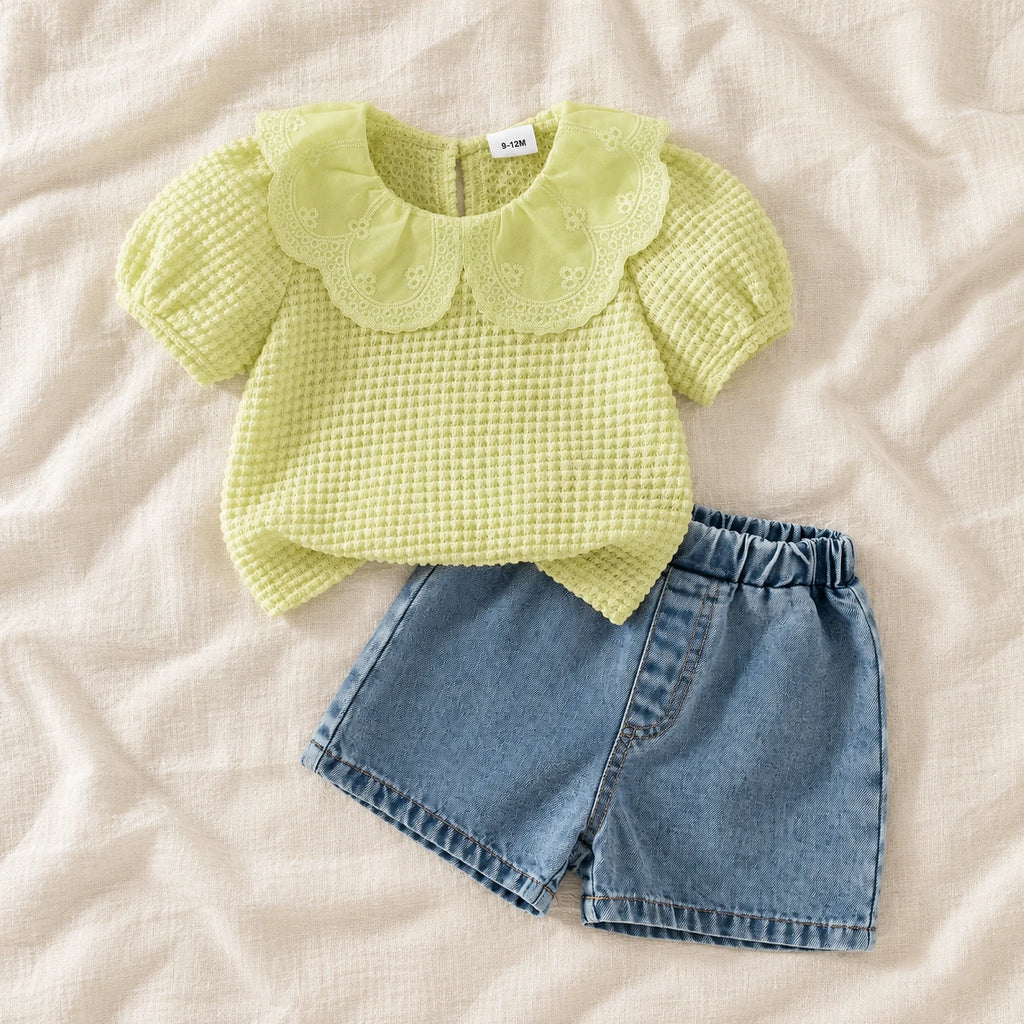 The Ruffle-Collar Top & Shorts Set — Green — studio product photograph