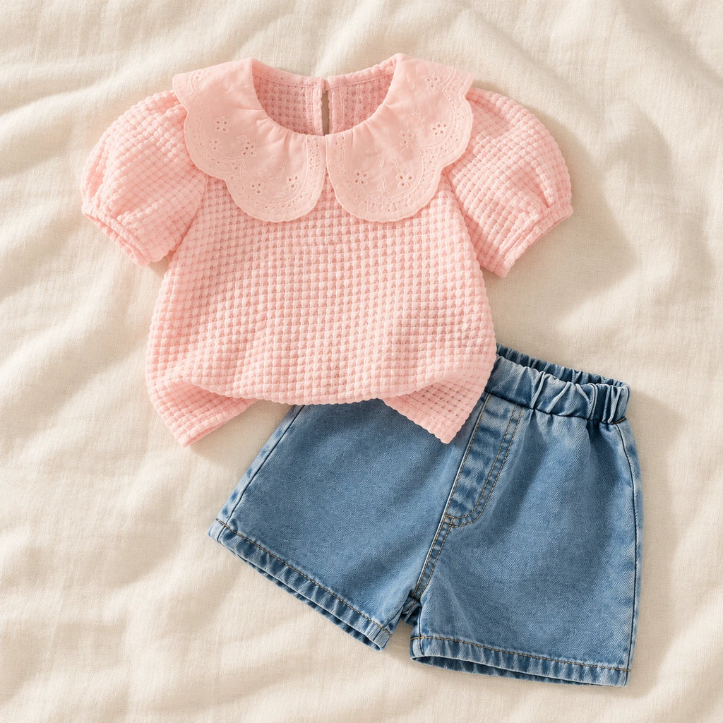 The Ruffle-Collar Top & Shorts Set — Pink — studio product photograph