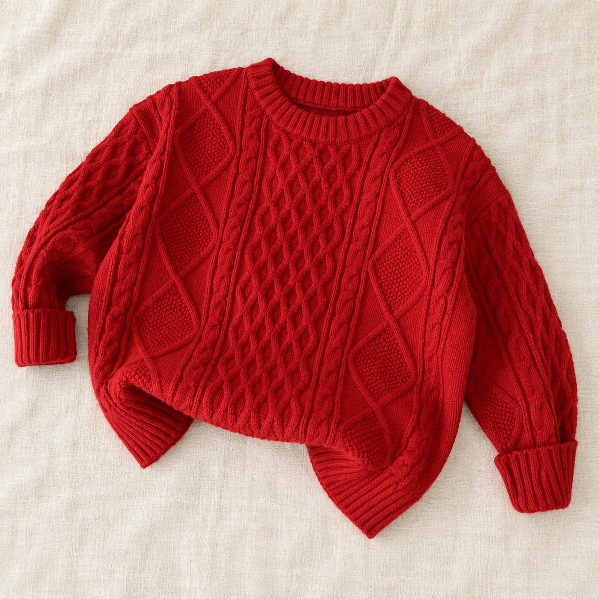 The Fleece-Lined Cable Knit Sweater — Red — studio product photograph