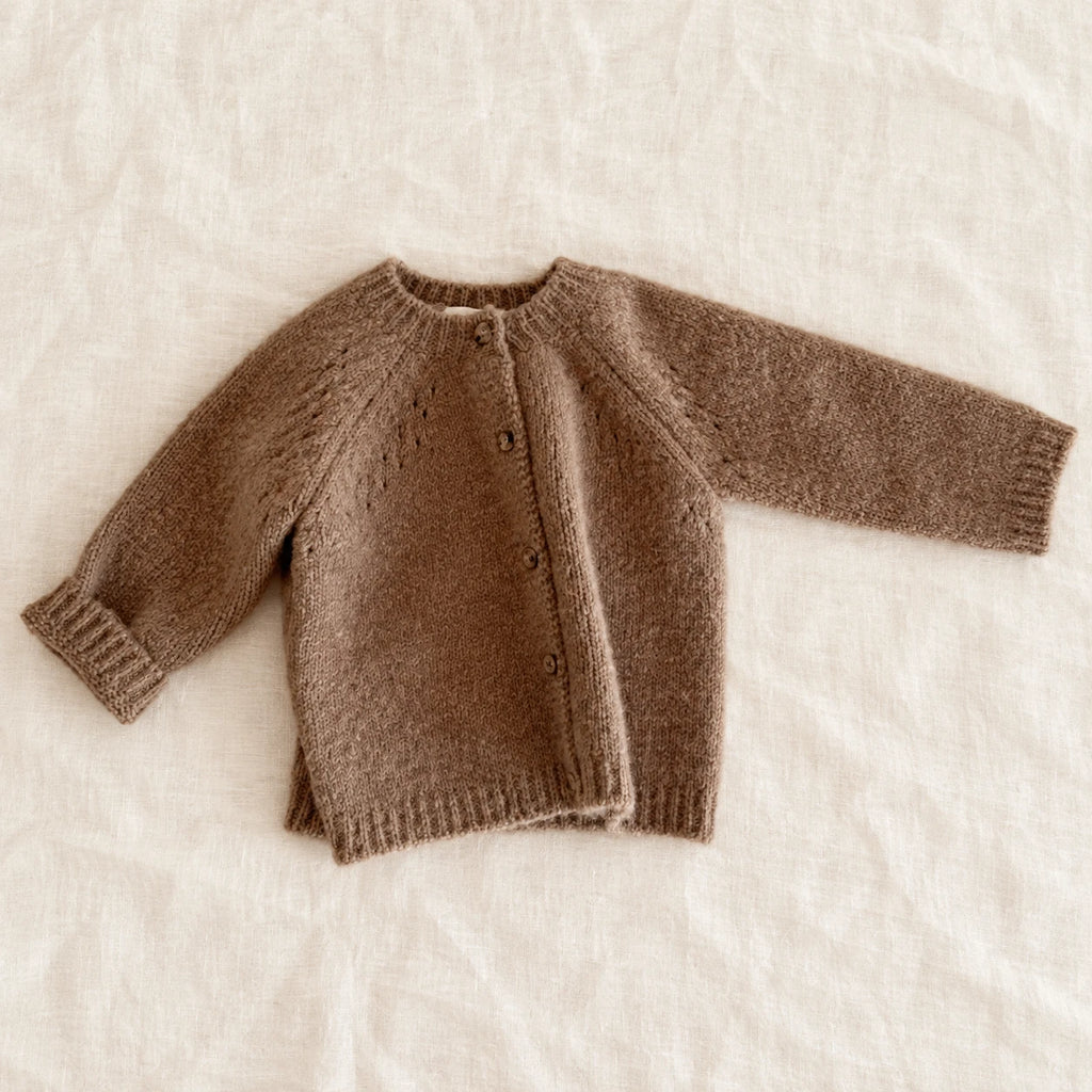 The Fuzzy Round-Neck Cardigan — Brown — studio product photograph