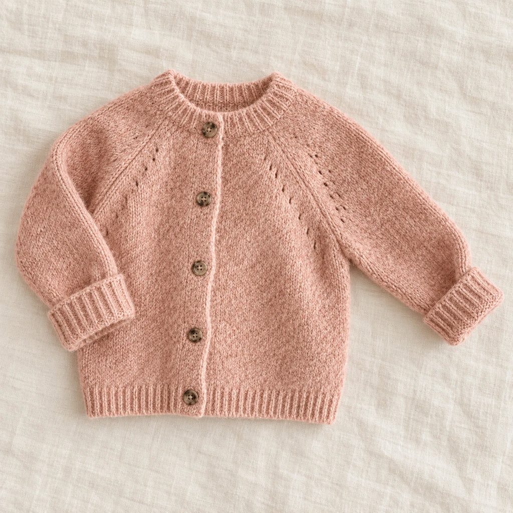 The Fuzzy Round-Neck Cardigan — Pink — studio product photograph