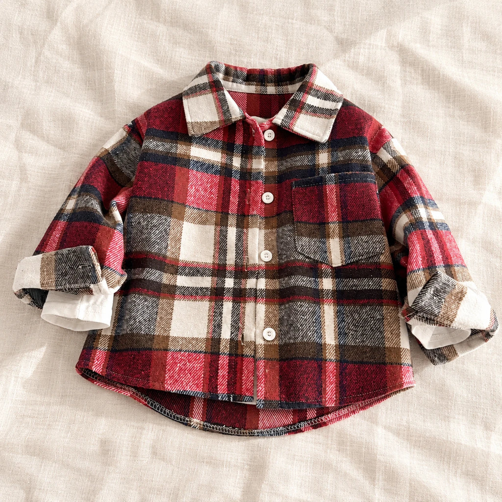 The Little Plaid Shirt Jacket — Red Check — studio product photograph