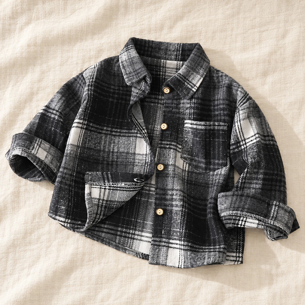 The Little Plaid Shirt Jacket — Black Check — studio product photograph