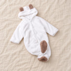 The Teddy Hooded Baby Footie — White — studio product photograph