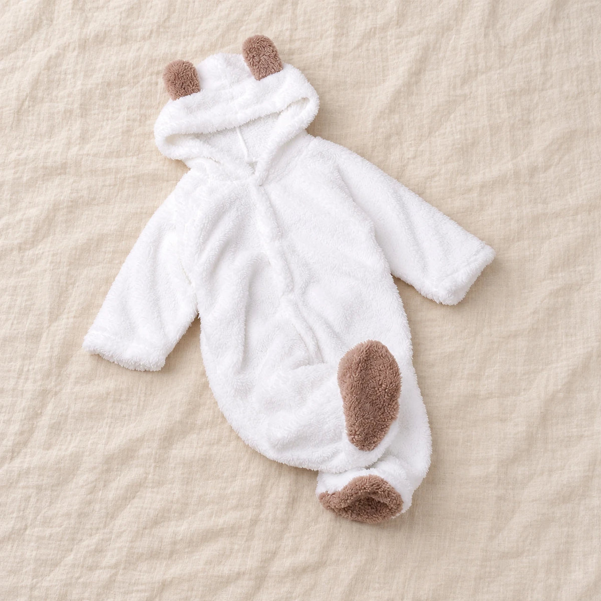 The Teddy Hooded Baby Footie — White — studio product photograph