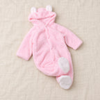 The Teddy Hooded Baby Footie — Pink — studio product photograph