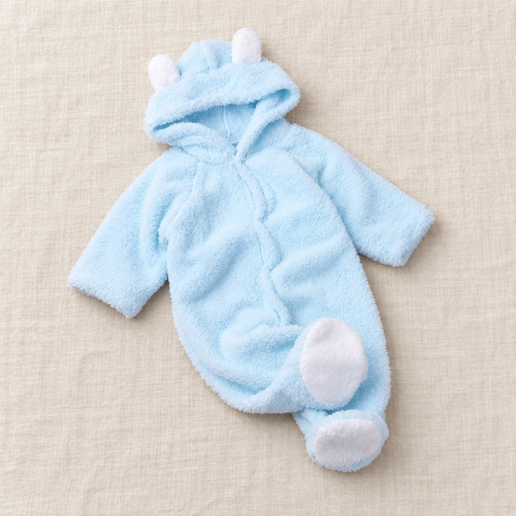 The Teddy Hooded Baby Footie — Sky Blue — studio product photograph