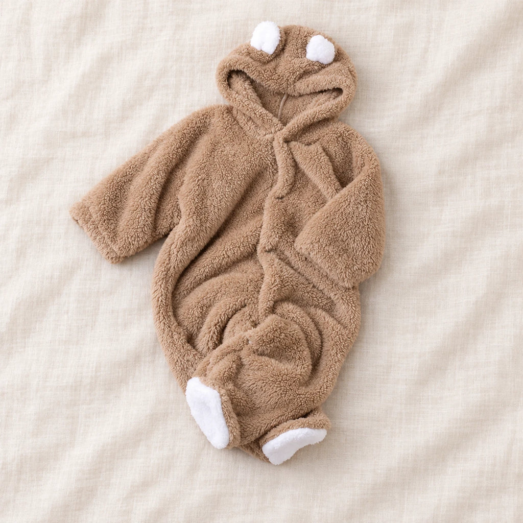 The Teddy Hooded Baby Footie — Khaki — studio product photograph
