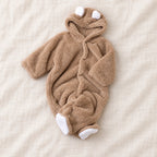 The Teddy Hooded Baby Footie — Khaki — studio product photograph