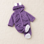 The Teddy Hooded Baby Footie — Purple — studio product photograph
