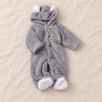 The Teddy Hooded Baby Footie — Gray — studio product photograph
