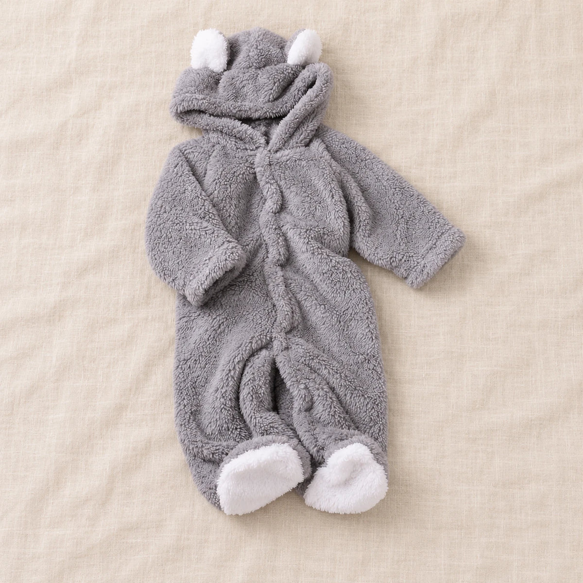 The Teddy Hooded Baby Footie — Gray — studio product photograph