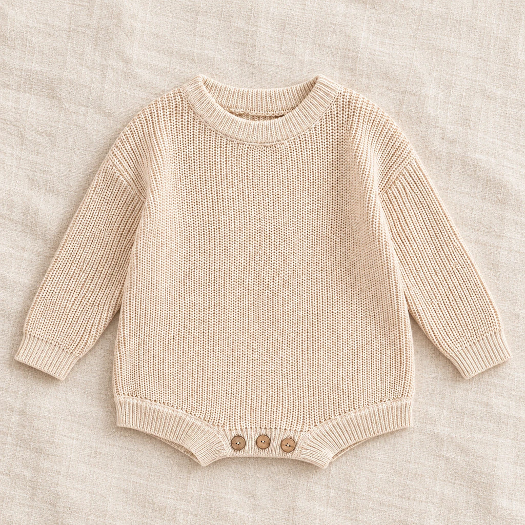 The Everyday Rib Knit Baby Bodysuit — Beige — studio product photograph