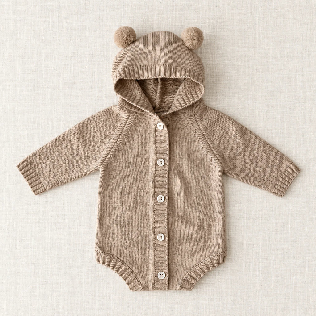 The Bear-Ear Hooded Knit Bodysuit — Khaki — studio product photograph