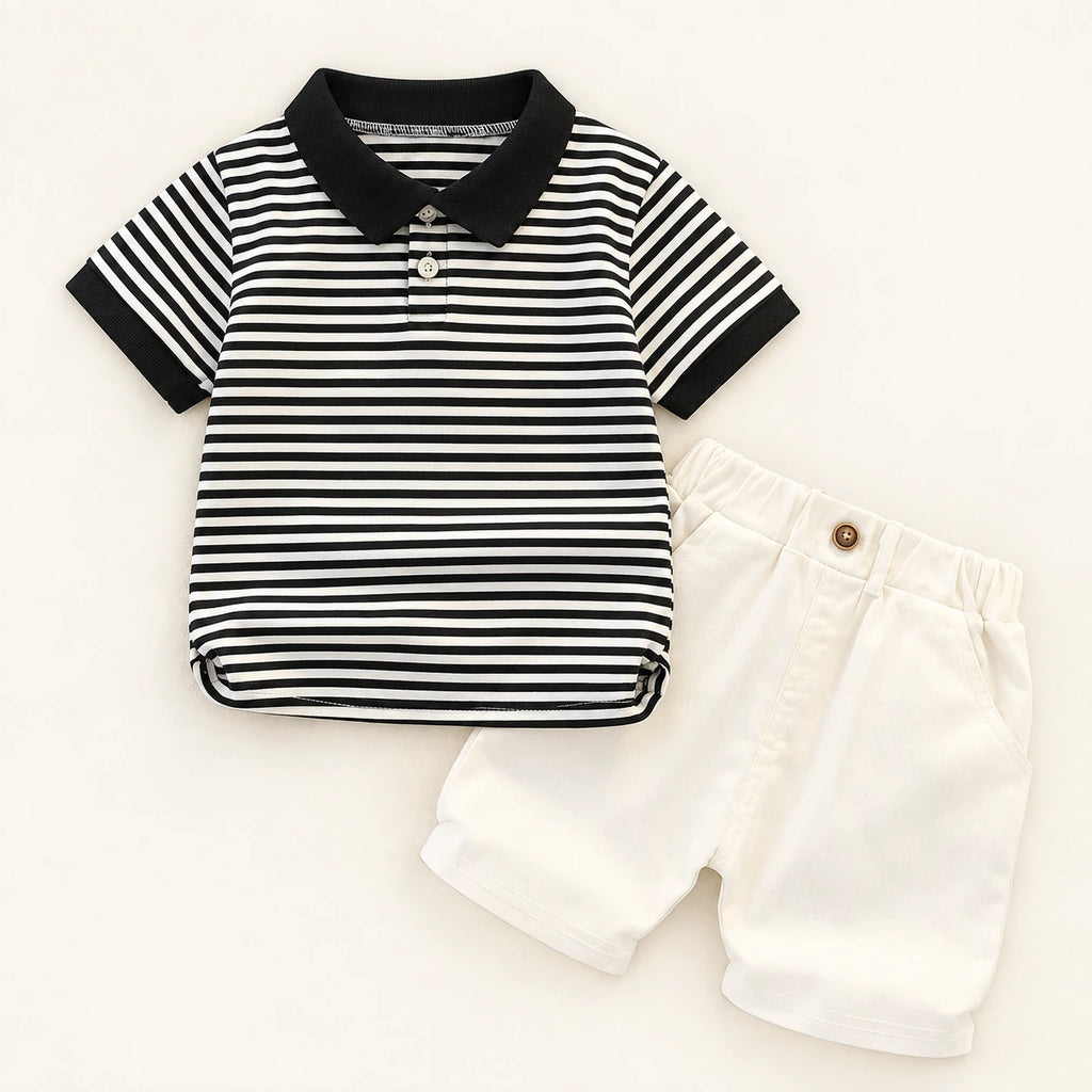 The Stripe Polo & Shorts Set — Black Fine Stripe — studio product photograph