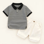 The Stripe Polo & Shorts Set — Black Fine Stripe — studio product photograph