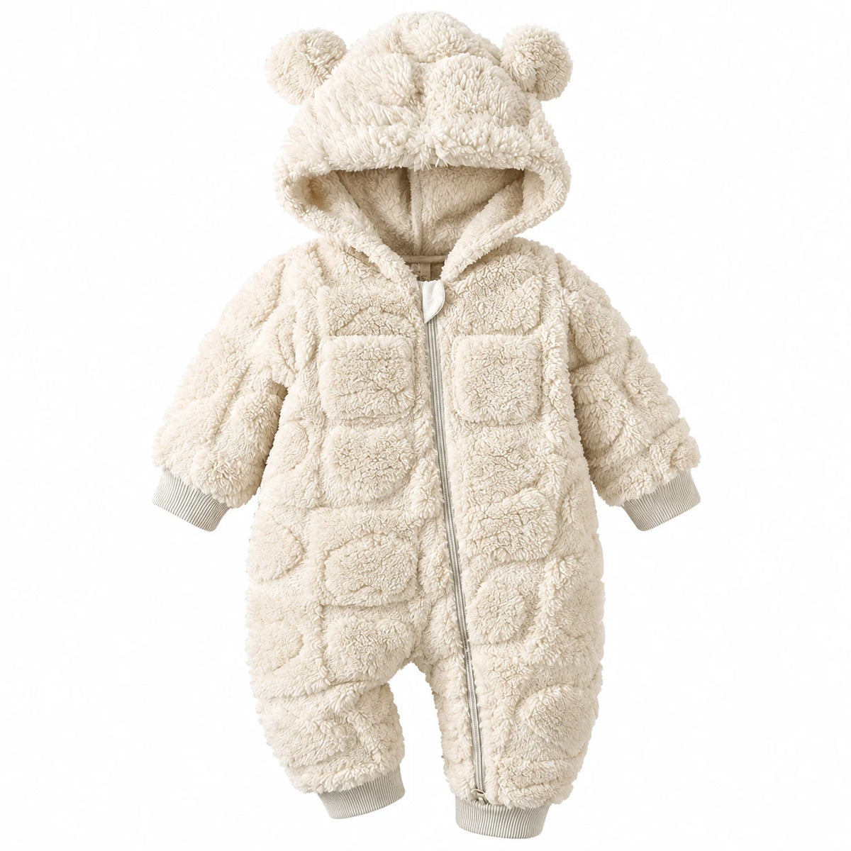 The Quilted Teddy-Hood Baby Romper — Ivory — studio product photograph