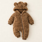 The Quilted Teddy-Hood Baby Romper — Brown — studio product photograph