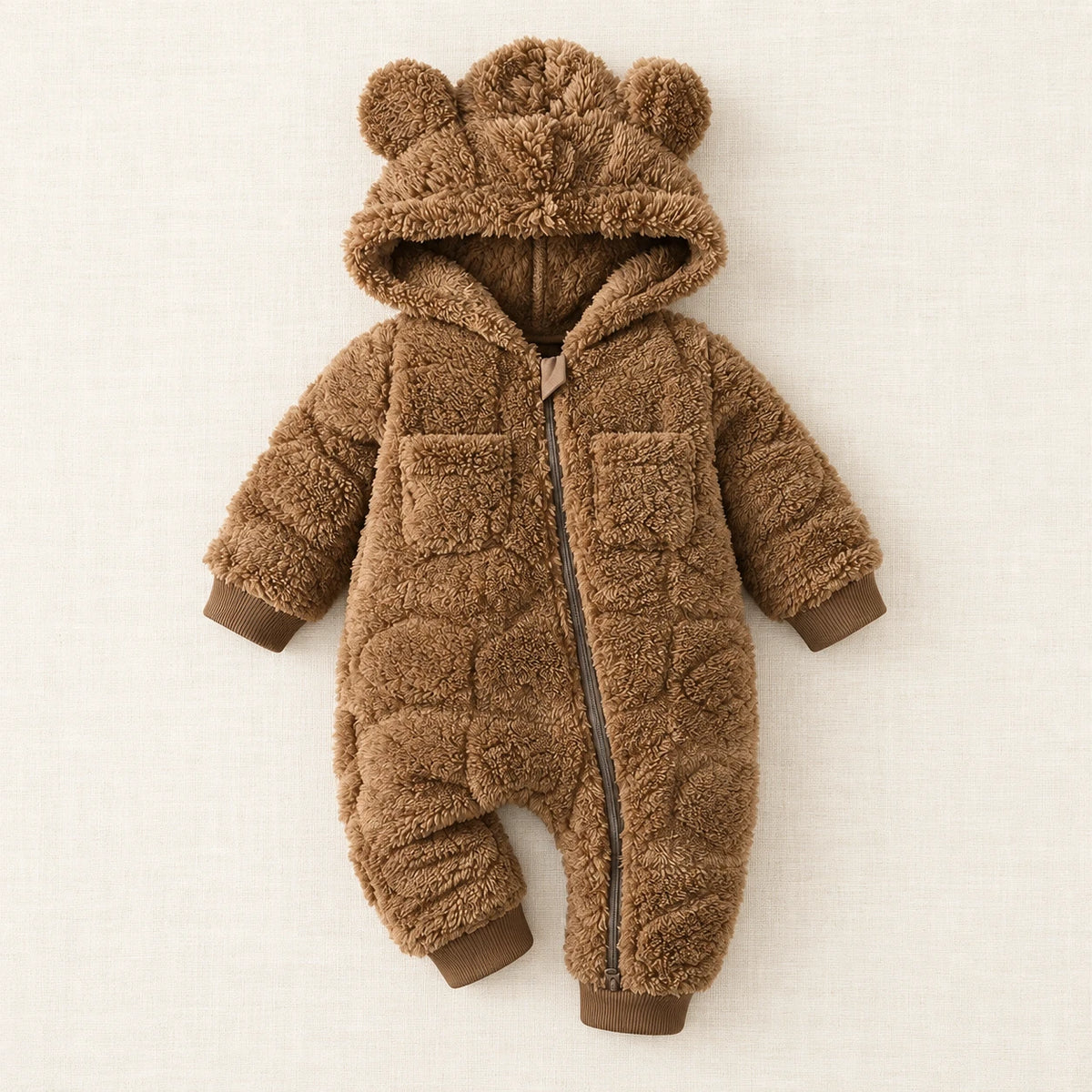 The Quilted Teddy-Hood Baby Romper — Brown — studio product photograph