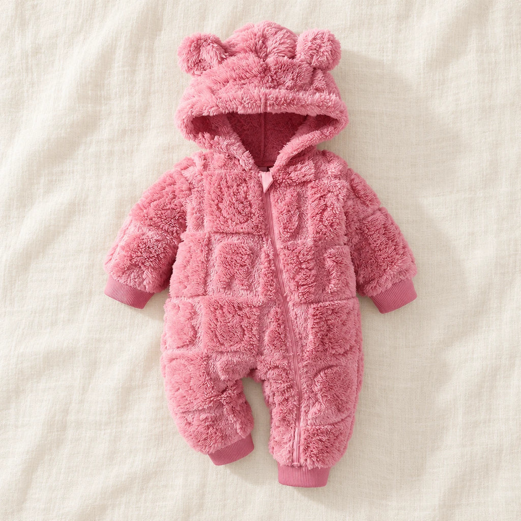 The Quilted Teddy-Hood Baby Romper — Pink — studio product photograph