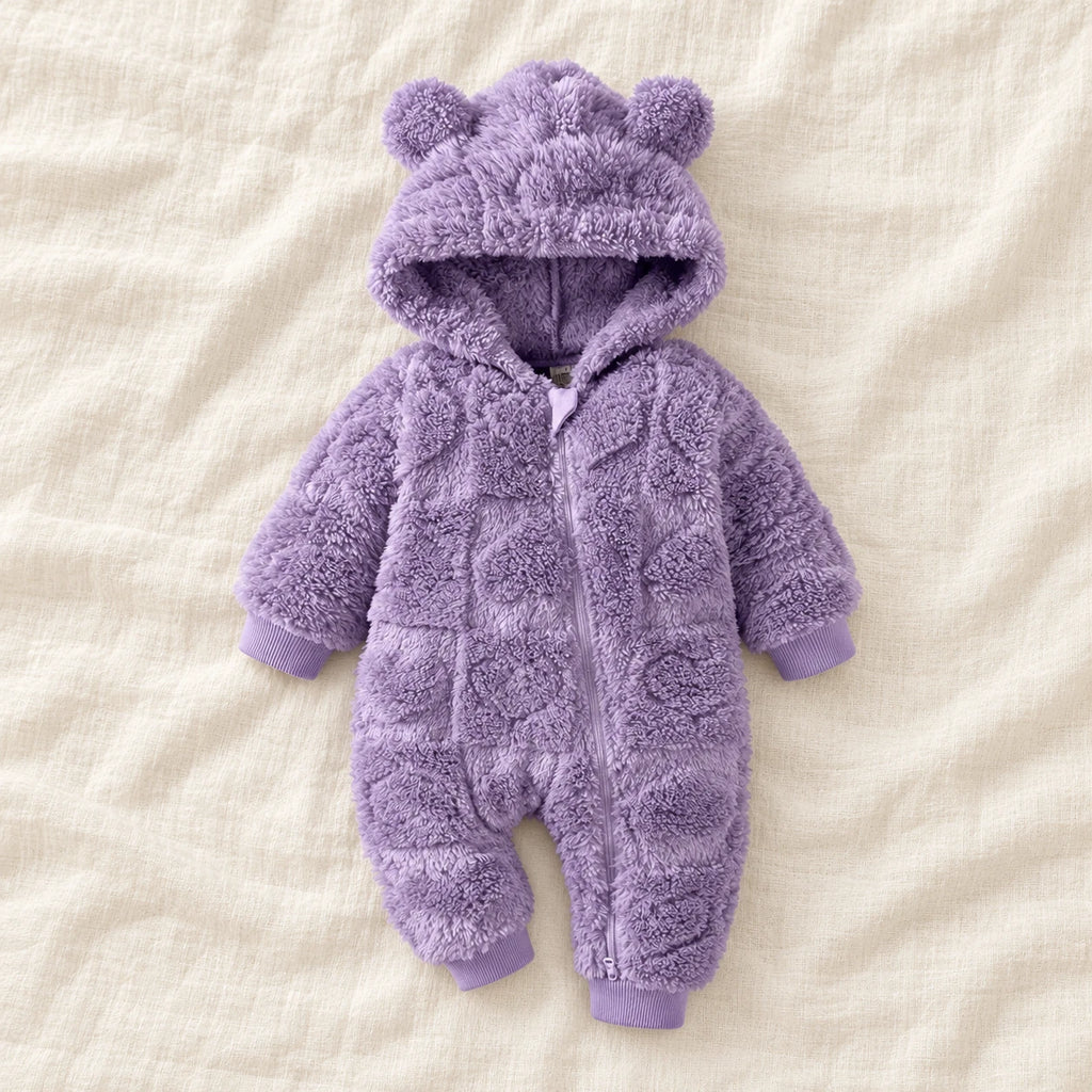 The Quilted Teddy-Hood Baby Romper — Purple — studio product photograph