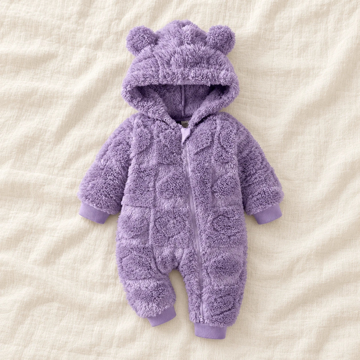 The Quilted Teddy-Hood Baby Romper — Purple — studio product photograph