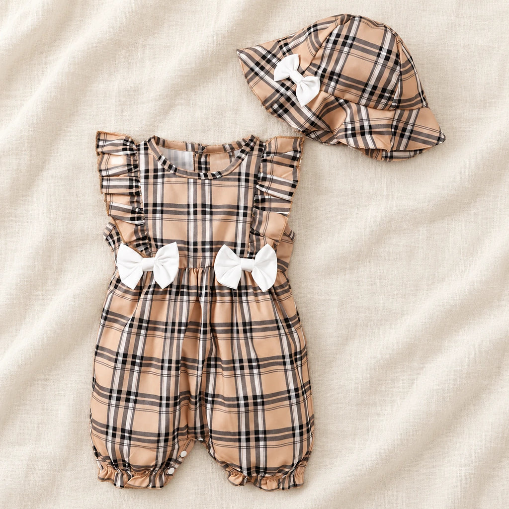 The Gingham Bow Romper & Hat Set — Tan Check & White Bows — studio product photograph