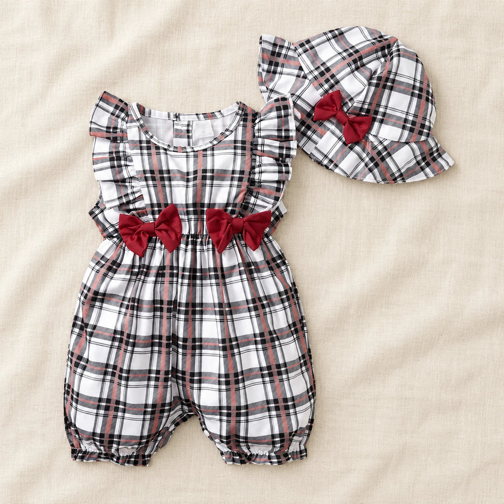 The Gingham Bow Romper & Hat Set — Black Check & Red Bows — studio product photograph