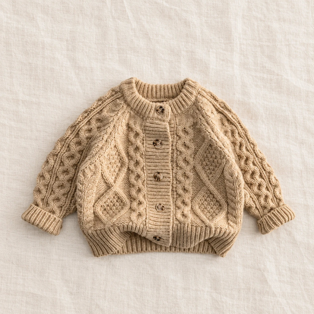 The Textured Cable Button Cardigan — Beige — studio product photograph