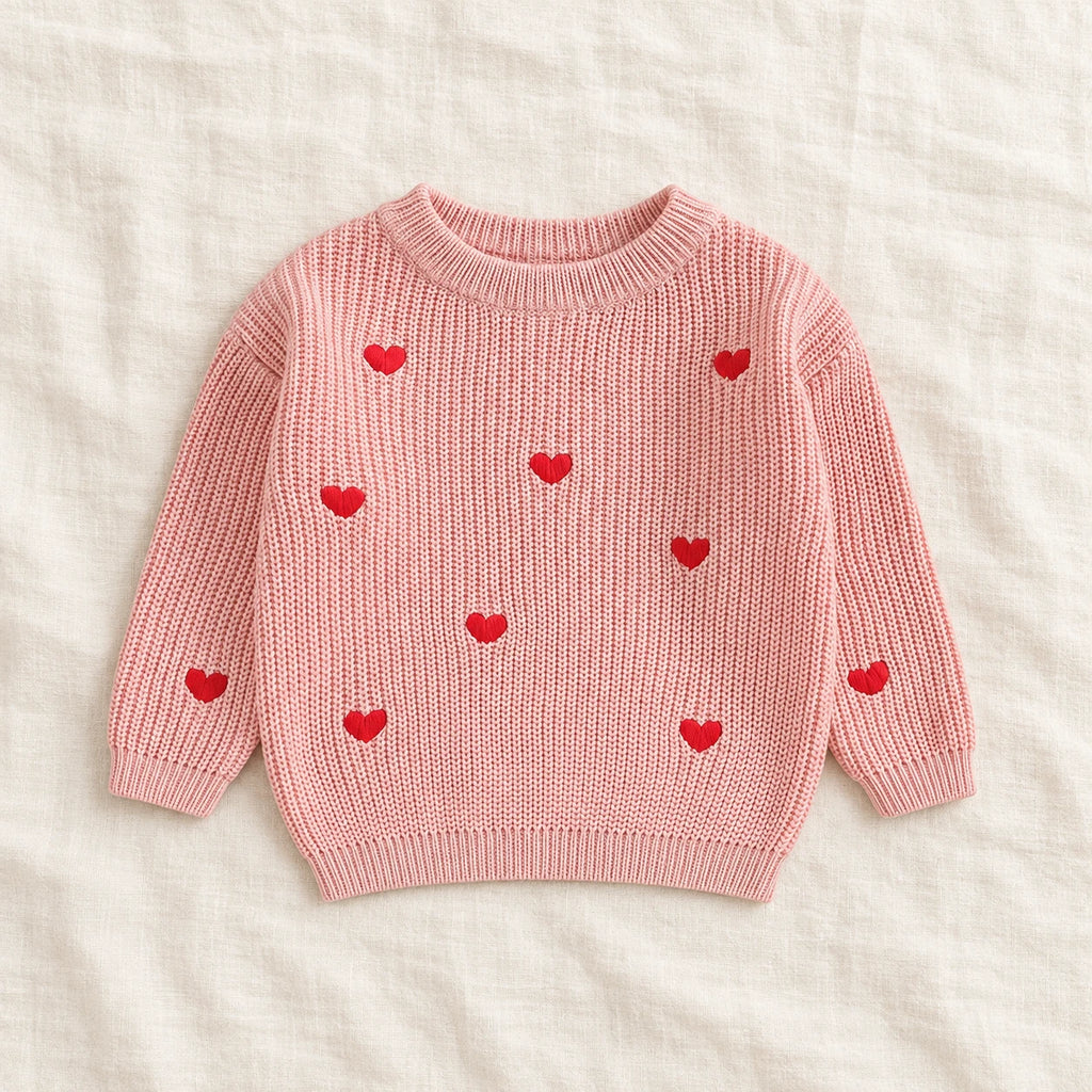 The Little Heart Knit Sweater — Pink — studio product photograph