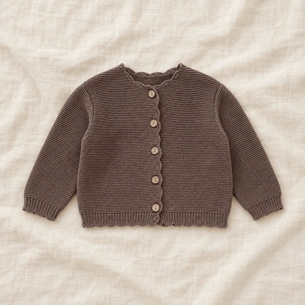 The Scallop-Edge Knit Cardigan — Coffee — studio product photograph