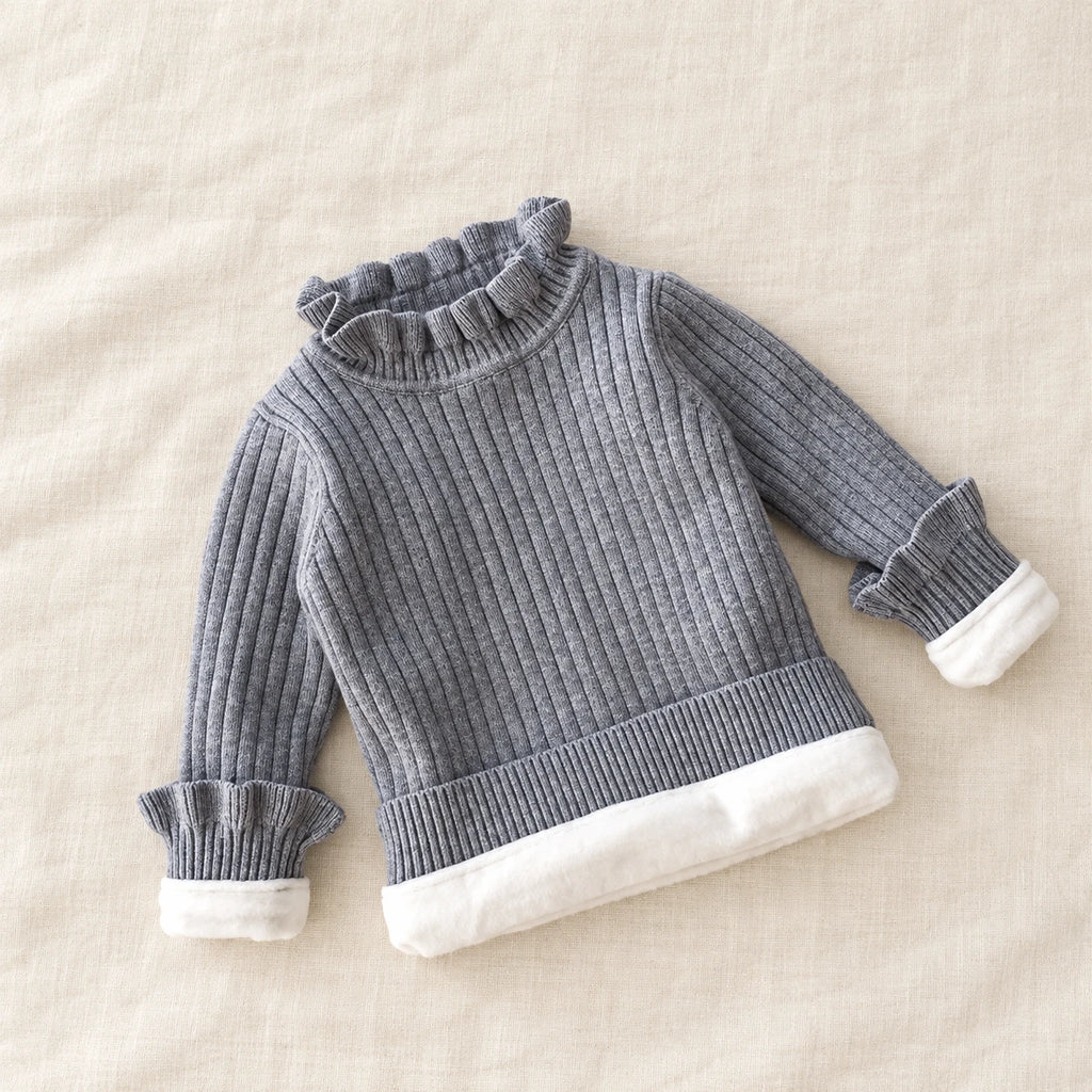 The Fleece-Lined Ruffle Knit Sweater — Gray — studio product photograph