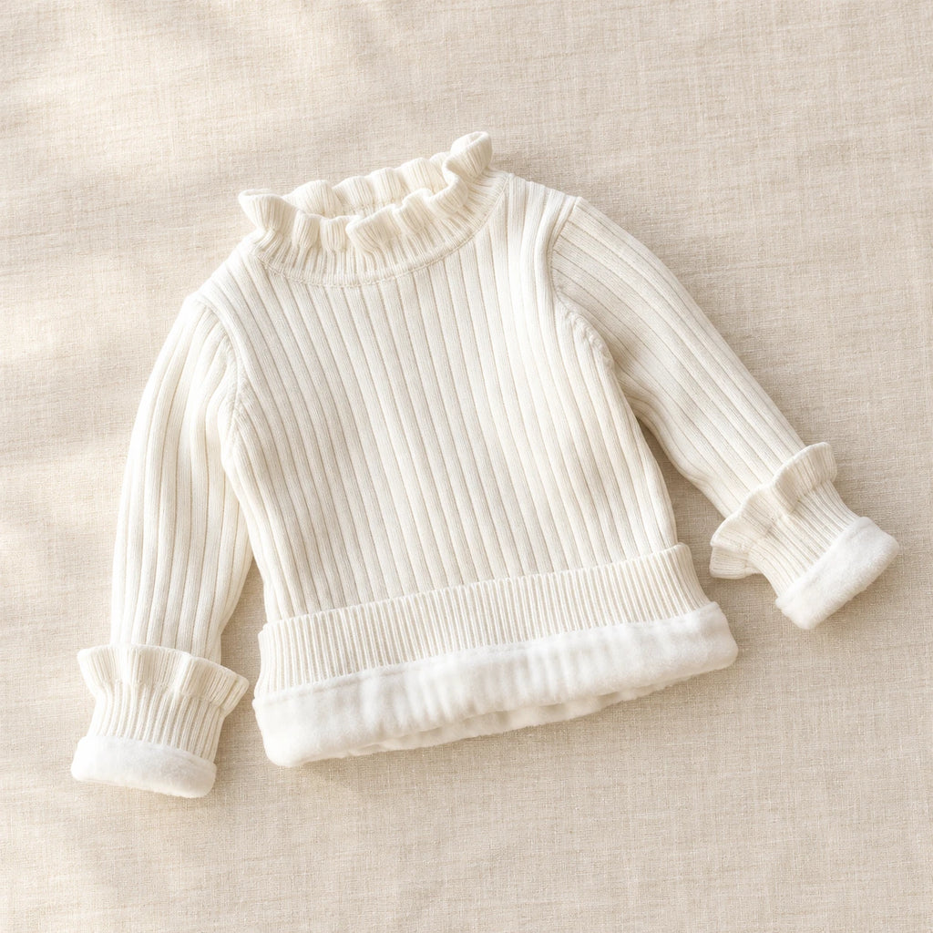 The Fleece-Lined Ruffle Knit Sweater — Beige — studio product photograph