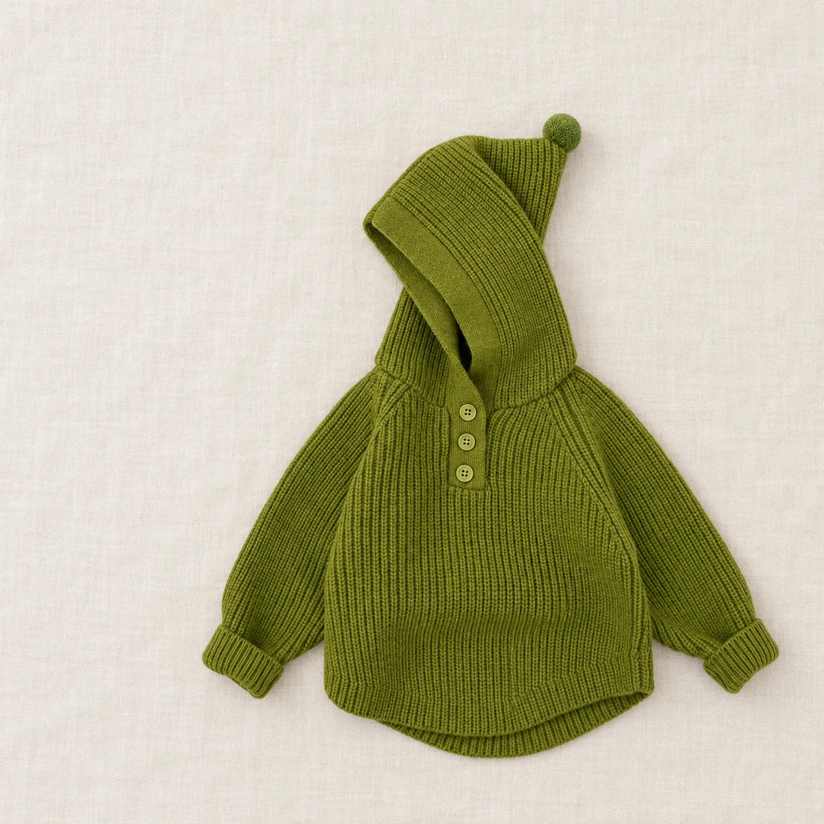 The Hooded Button Knit Cardigan — Green — studio product photograph