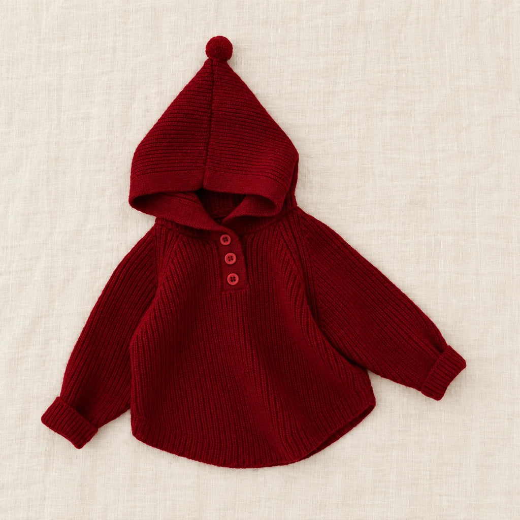 The Hooded Button Knit Cardigan — Red — studio product photograph